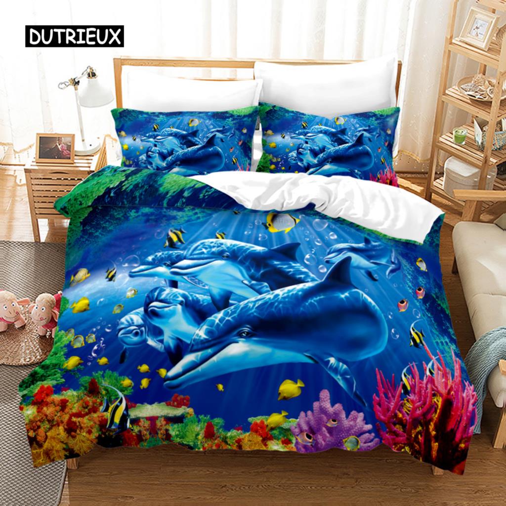 Ocean Duvet Cover Set Polyester Underwater World Clownfish Shark Quilt Cover Sea Animal Theme Double Queen King Size Bedding Set