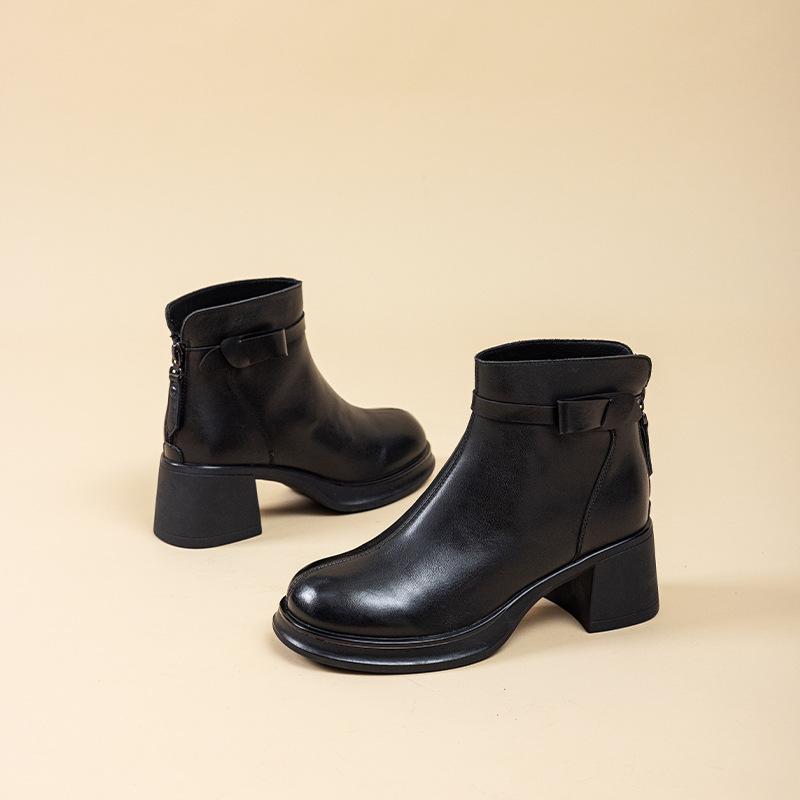 Leather thick heel Martin boots women's 2025 new thin boots British casual short boots high heel versatile thin boots