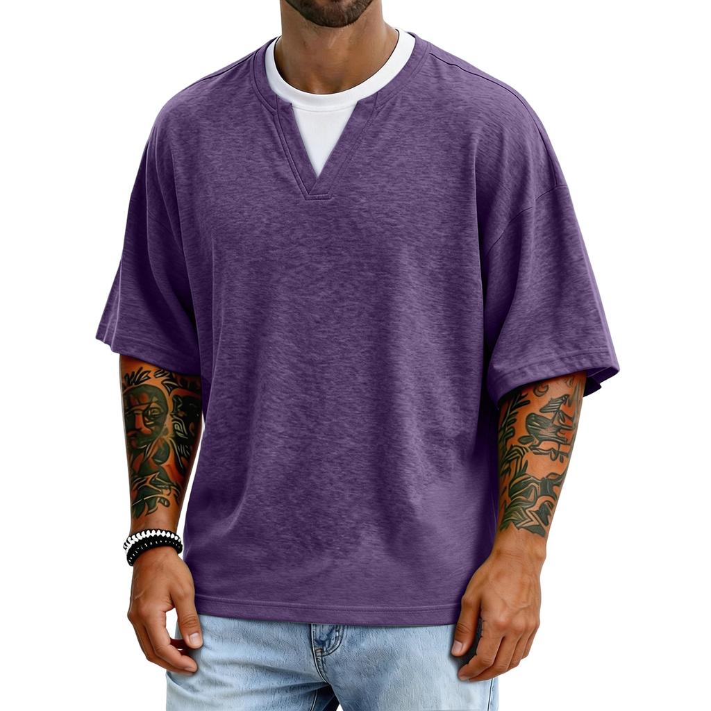 Men's Casual Color V-neck Fake Two-piece Breathable Short-sleeved Top