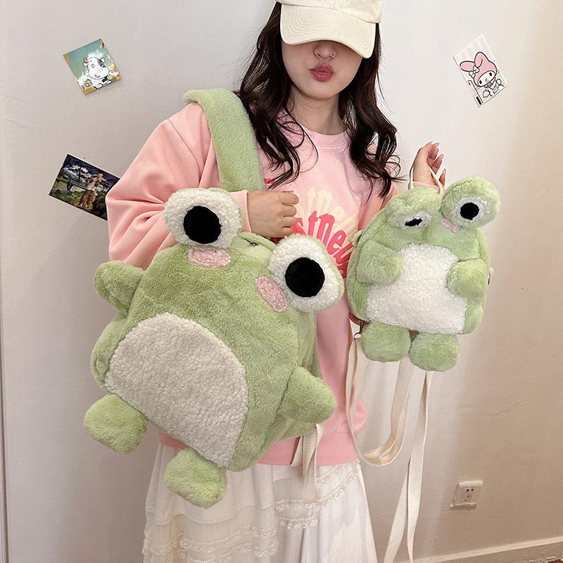 Women Cute plush frog backpack 2024 girl funny cartoon school bag small shoulder bag