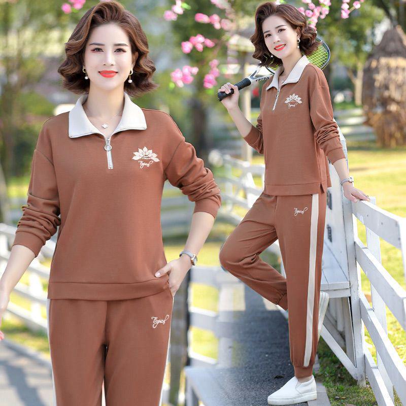 Freizeit-Sportbekleidung für Damen für Frühling & Herbst: Stilvolles, lockeres Zweiteiler-Set mit langen Ärmeln für die mittlere und ältere Generation