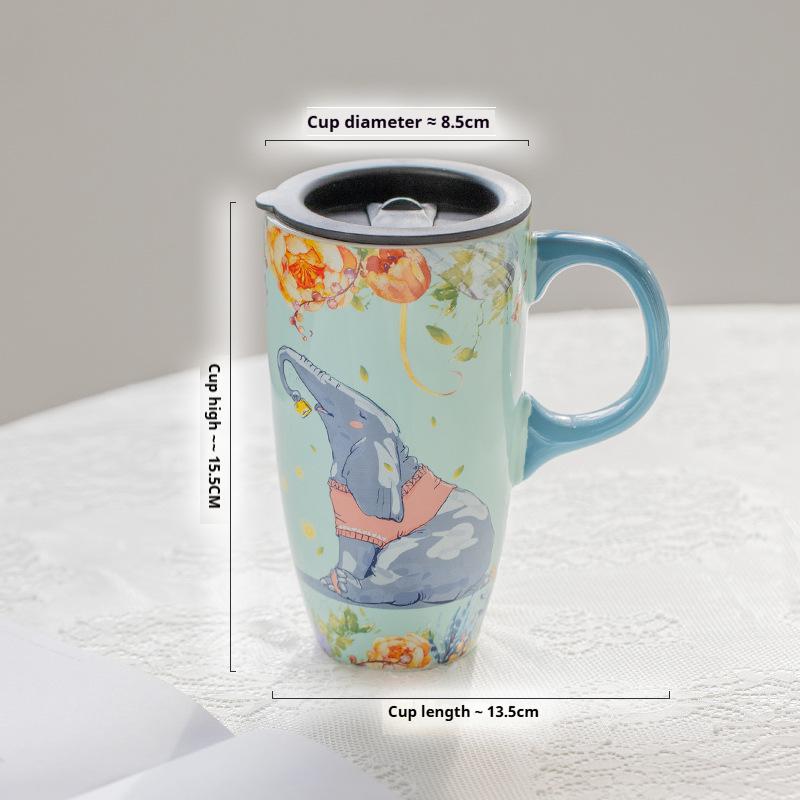 500ML Immortal Forest Mystery Animal Ceramic Cup, Large-capacity Water Cup, Coffee Cup with Lid, Couple's Cute Mugs Cup