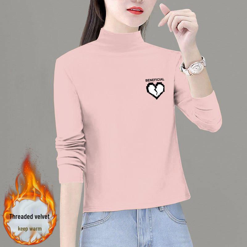 2025 Women's Thickened Double-Sided Velvet Long-Sleeve Semi-High Neck Slim-Fit Top for Autumn/Winter