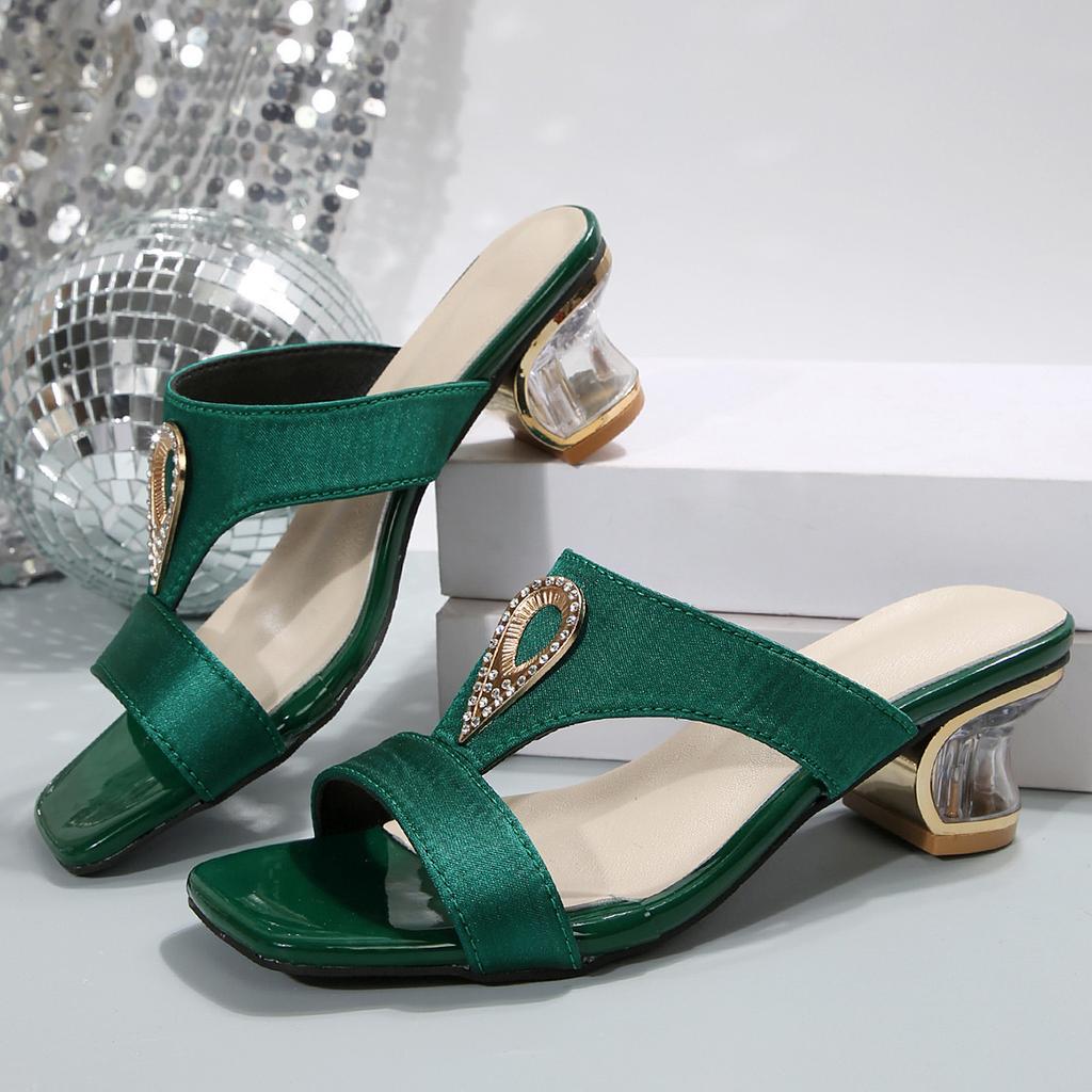 Summer New French Style Square Toe One-Band Slide Sandals – Casual Chunky Medium-Heel Rhinestone Fashionable Women's Shoes