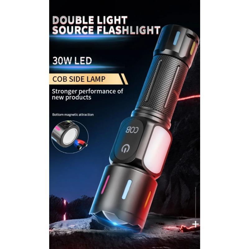 USB Oppladbar Lommelykt COB Sidelys Batteriindikator Teleskopisk Zoom Supersterk for Camping Fotturer Nødlys