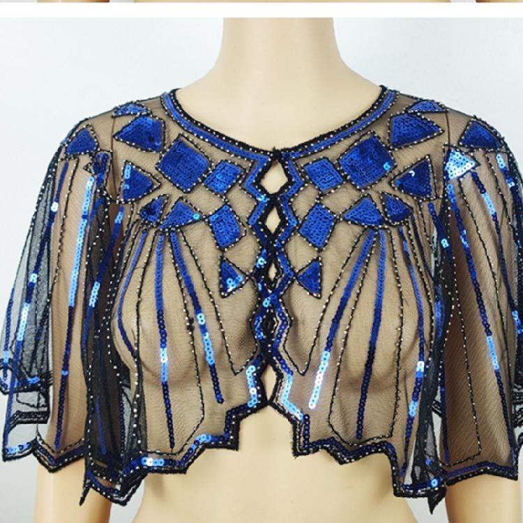 Delicate Sequins Adorned Capelet Shoulder Wrap Breathable Mesh Fabric Scarf Shawl With Intricated Beadwork Design
