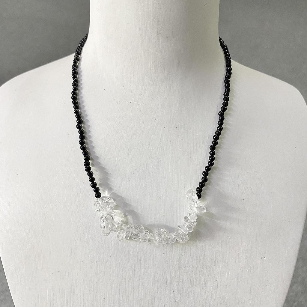 925 Sterling Silver Irregular Black Agate and Tiger Eye Necklace for Women - High-End Clavicle Chain with White Crystal and Obsidian