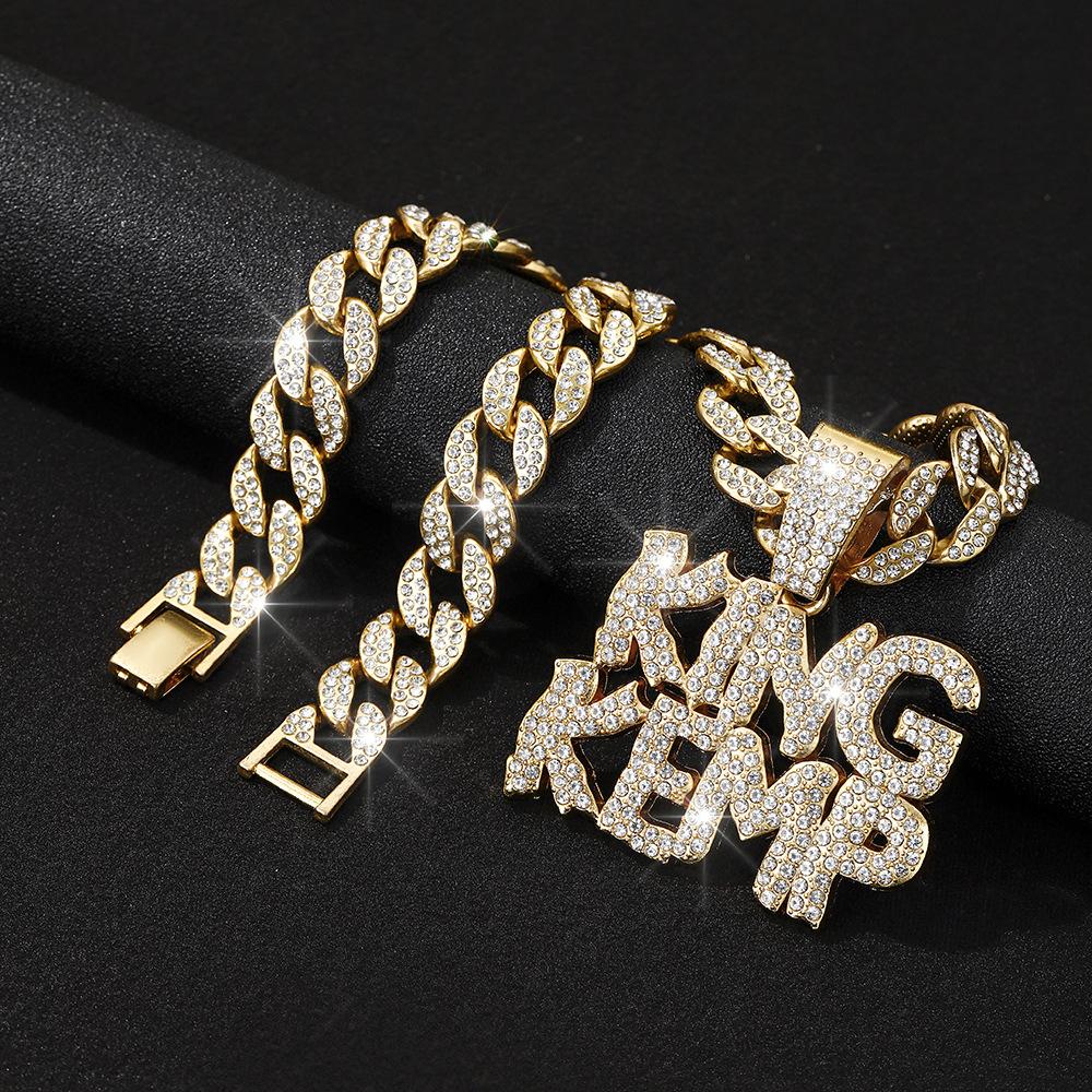 European and American Hip-hop Fashion Design Trend Letter KINGKEMP Full Diamond Alloy Pendant Cuban Chain Men's Necklace