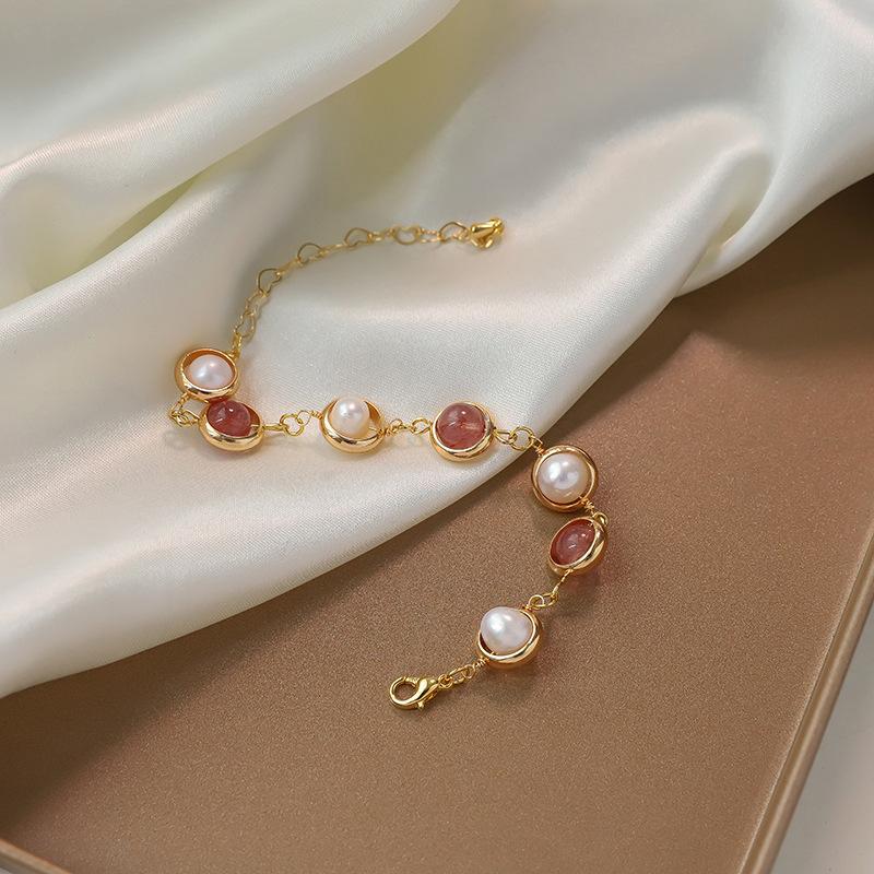 Best Selling Natural Freshwater Pearl & Strawberry Quartz 14K Gold Filled Female Charm Bracelet  For Women Gifts No Fade