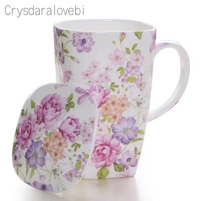 700 ml, Kubki z Prawdziwej Porcelany Kostnej z Pokrywką, Kubek do Kawy Śmieszny Kubek, Urocze Duże Kubki do Kawy z Kwiatowym Malunkiem, Ceramiczny Kubek Idealny Prezent