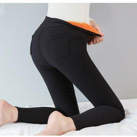 Plus Size Fleece-Lined High Waist Black Leggings for Women - Slimming, Elastic, Skinny Long Pants for Autumn/Winter