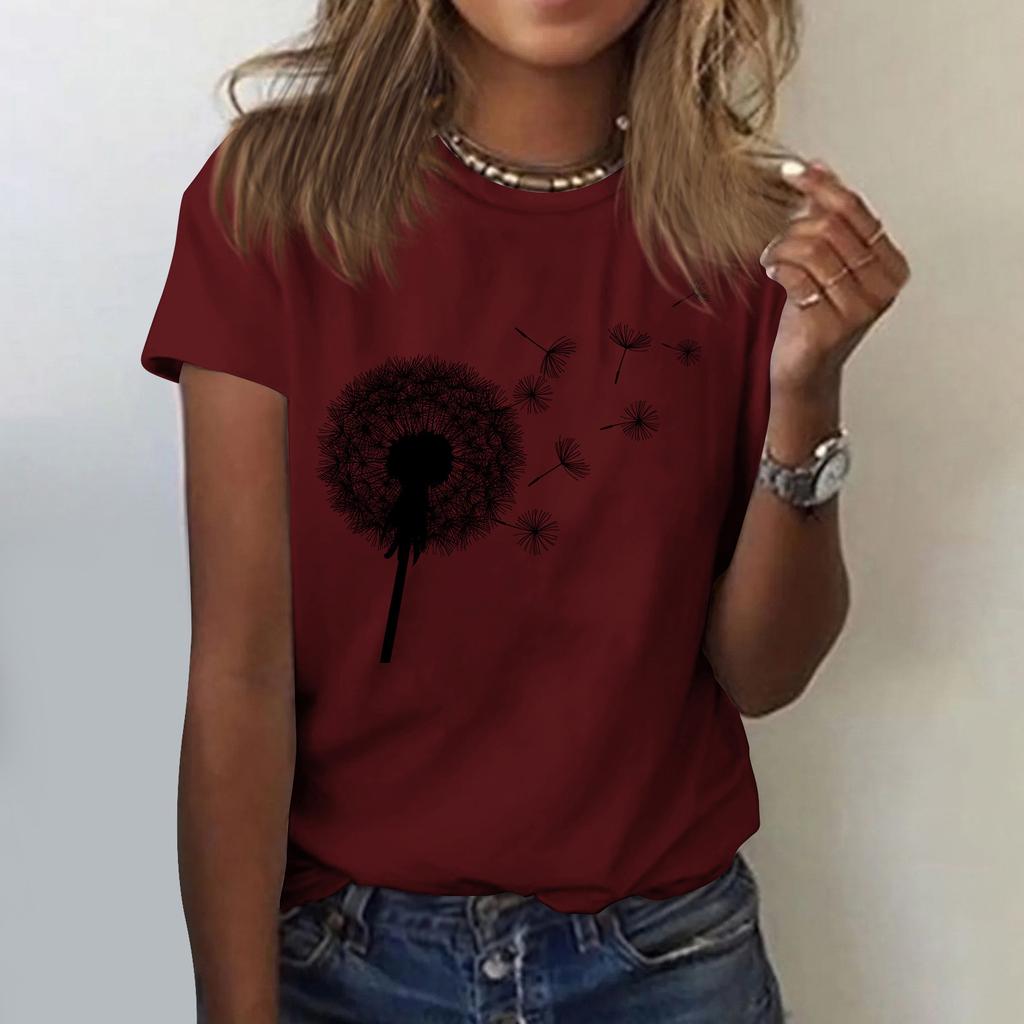 Women's Cute Printed Short Sleeve Round Neck Front Shoulder Vintage Short Sleeve Summer Loose Shirt Top