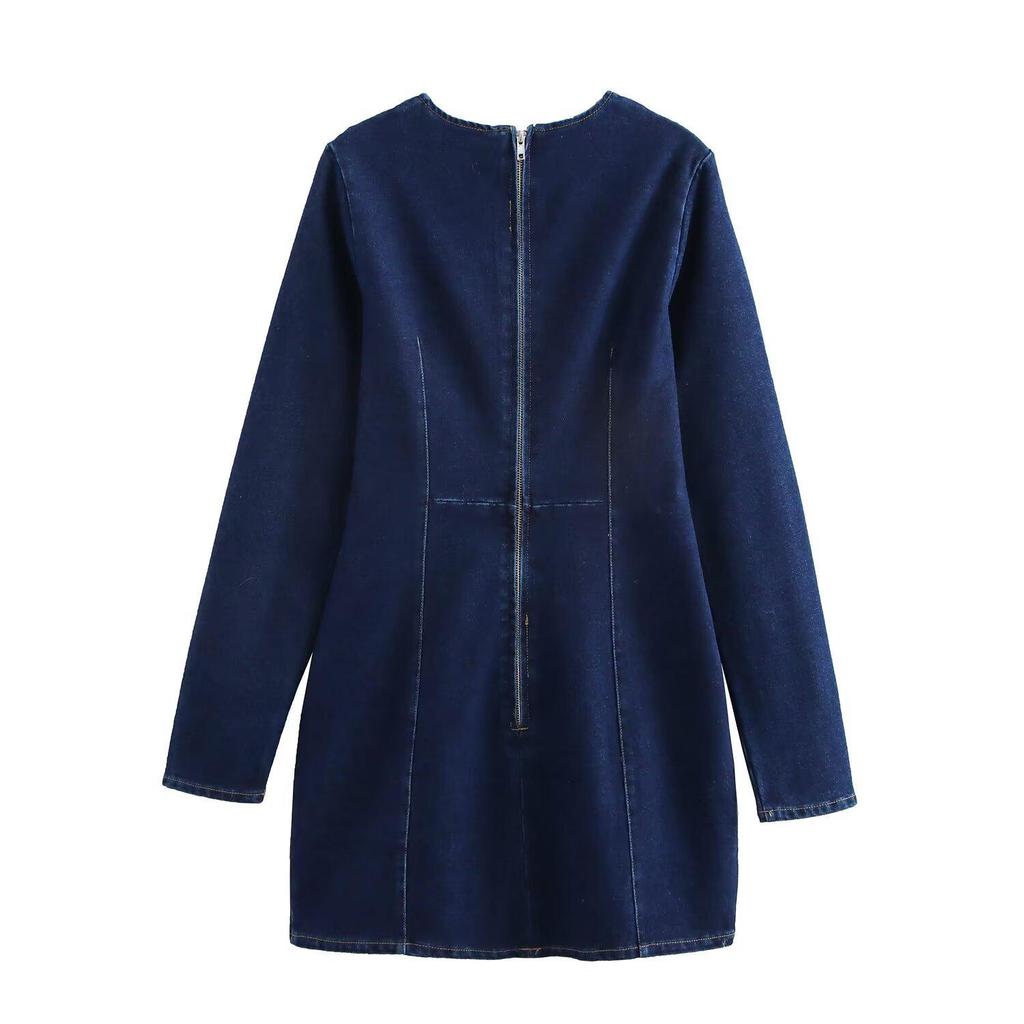 2024 Euro-America Style Women's Denim Short Dress: Autumn/Winter, Waist-Cinching, Slimming, Long-Sleeved, and Versatile
