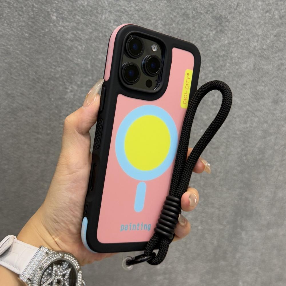 Strap Lanyard Contrast Color Magnetic For Magsafe Case For iPhone 15 14 16 Pro Max Wrist Strap Rope Soft Bumper Shockpoof Cover
