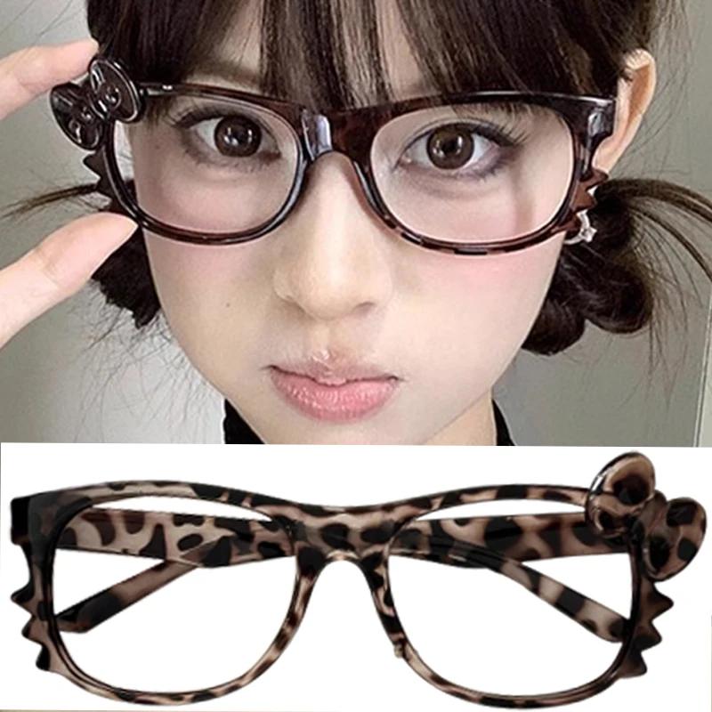 

New Y2k Leopard Print Bow Glasses Woman Girls Retro Korean Without Lense Eyeglasses Frame Eyewear Spectacle Eyeglass Accessories