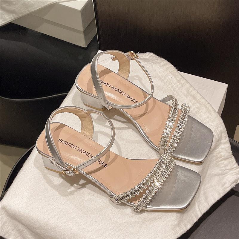 Summer 2025 New Niche High-heeled Sandals Women's Transparent Thick Heel with Crystal Rhinestones with Skirt Sandals