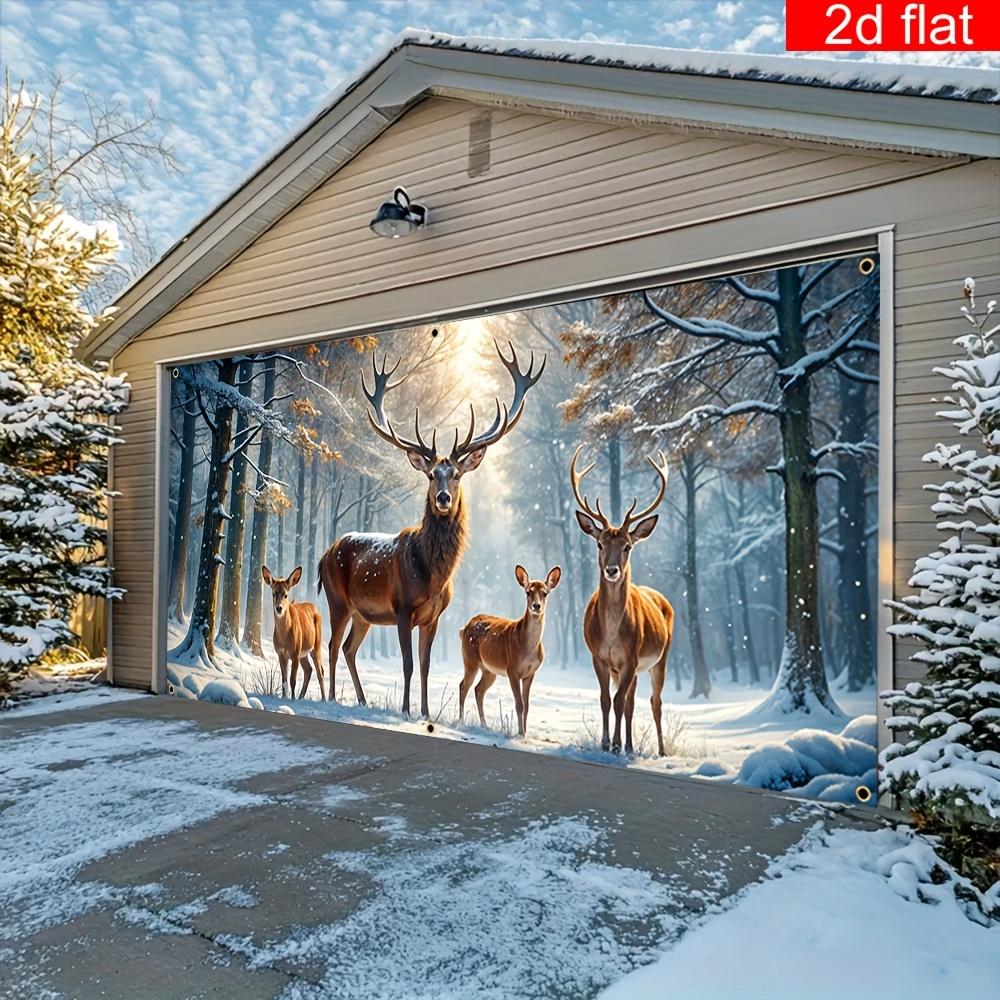 2D Flat 1 Christmas Garage Door Polyester Banner - Snow Forest Reindeer Scene, Suitable for Winter Holiday Party Decoration