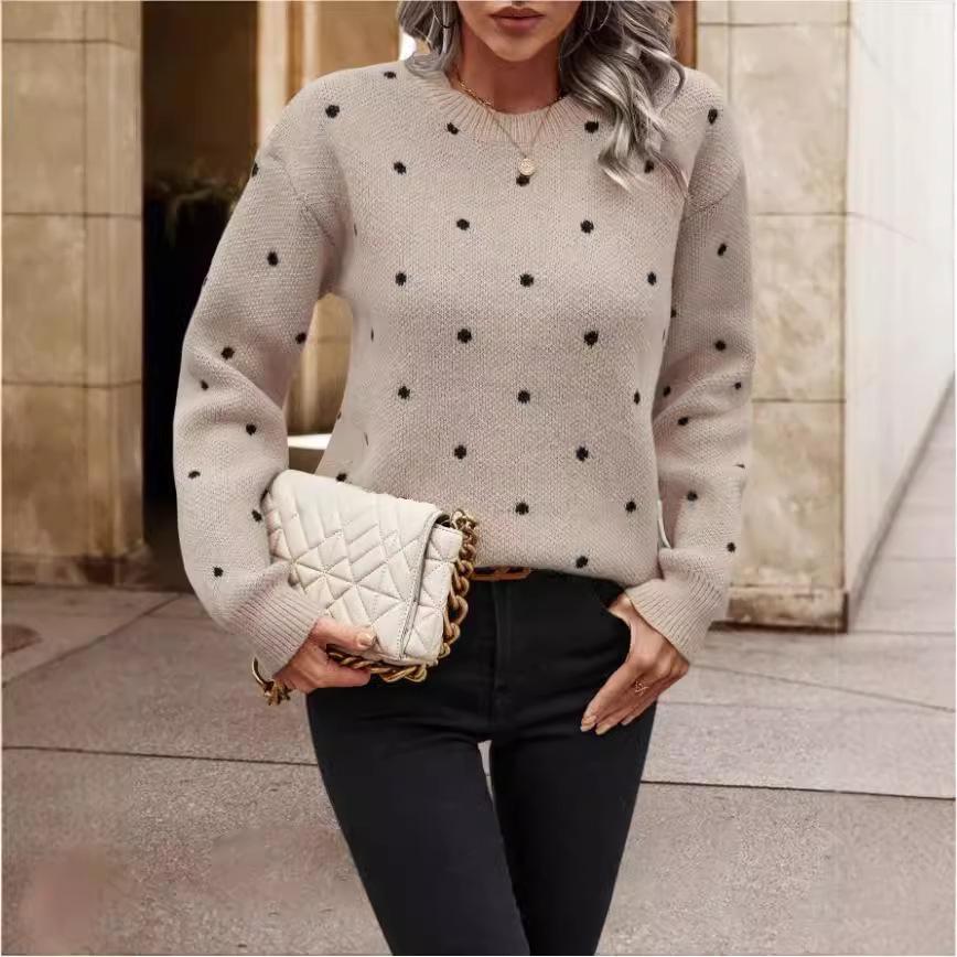 Women's European & American Fashion Polka Dot Jacquard Knit Sweater - Round Neck, Long Sleeve Pullover.