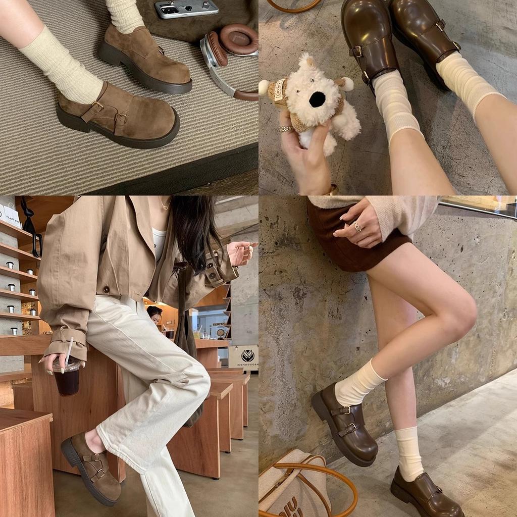 Grape mother studiolee double buckle with round head one pedal ugly cute versatile retro British style big head leather shoes women