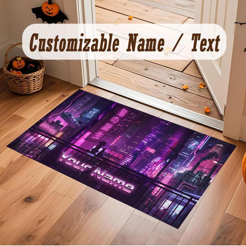 City Cyberpunk Theme Crystal Velvet Floor Rug Personalized Custom Name Text Warm Carpet Home Decoration