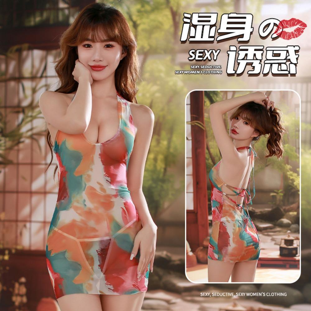 Domira Deep U Dew Groove Smudge Print Hip Skirt Erotic Lingerie Summer Sexy Bare Back Dress F775