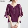 ZANZEA Women Casual V-Neck Mesh Splice Half Sleeve Blouse