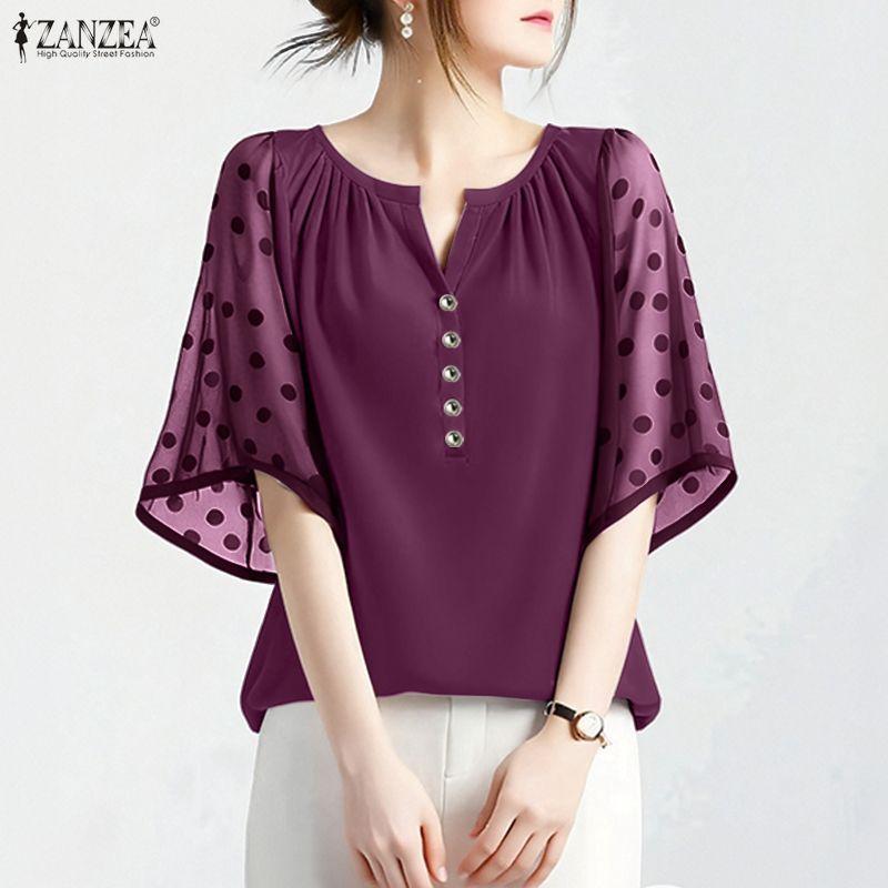 ZANZEA Women Casual V-Neck Mesh Splice Half Sleeve Blouse