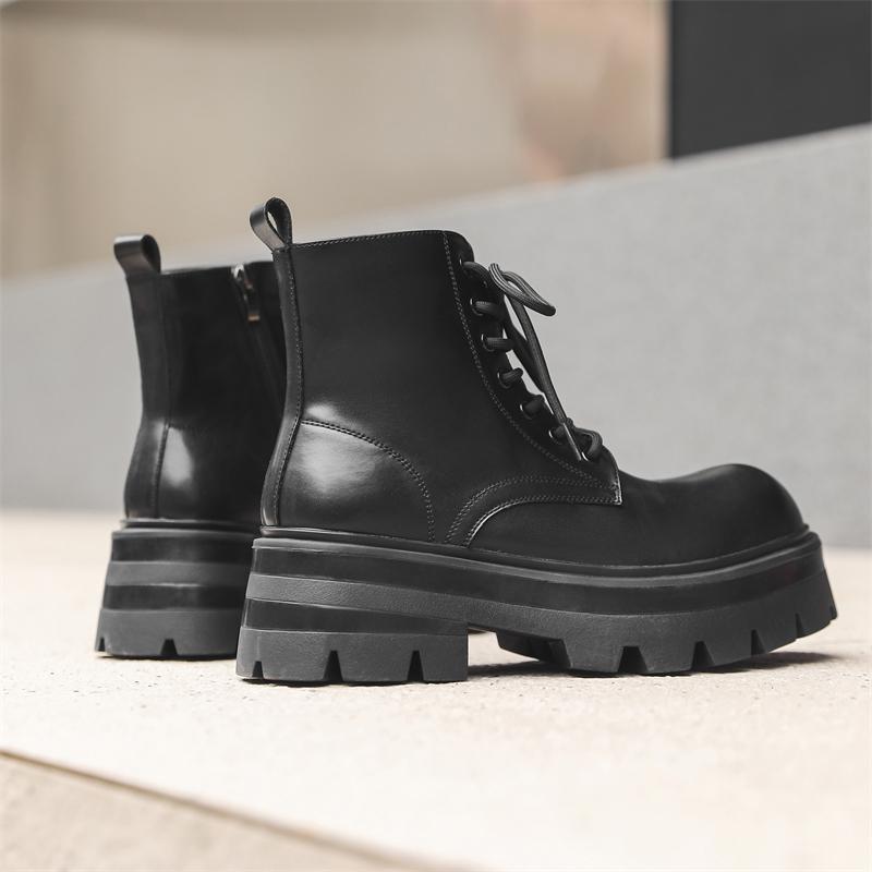 Casual Leather Ankle Boots Man Round Toe Outdoor Motorcycle Footwear Non-Slip Leisure Walk Basic Boots Lace-Up Men Driving Shoe