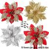 Set of 10 Gold Glitter Christmas Flowers with Clips - 14cm Artificial Decor for Tree and Wreaths