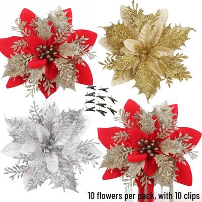 Kliplerle 10'lu Altın Simli Noel Çiçeği Seti - 14cm Ağaç ve Çelenkler için Yapay Dekor