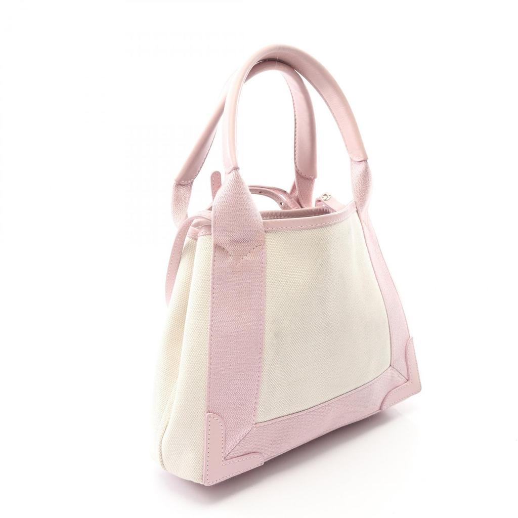 Used BALENCIAGA Navy Cabas XS 2WAY Handbag 390346 Canvas Leather Beige Pink Used Women