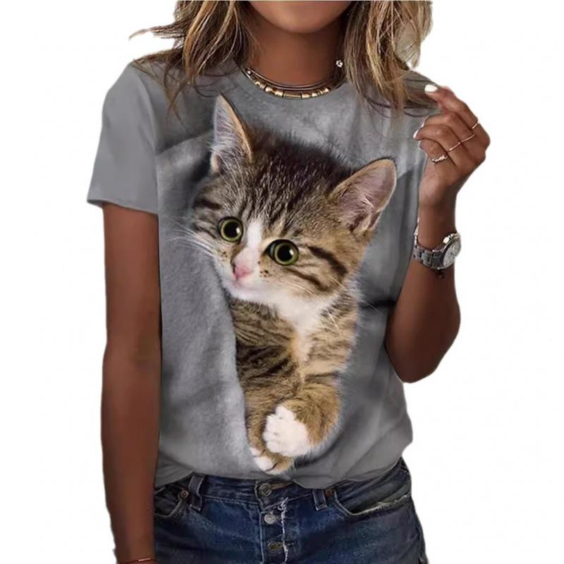 Sommer Rundhals 3D Katzenprint Top Modische Lässige Kurzarm Damen T-Shirts