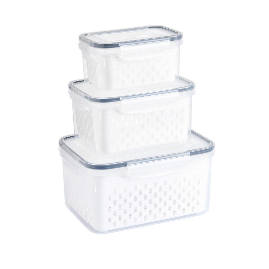 Plastic Food Storage Containers with Airtight and Colander, 3-Piece Set (Small+Medium+Large) for Kitchen and Vegetable Organization