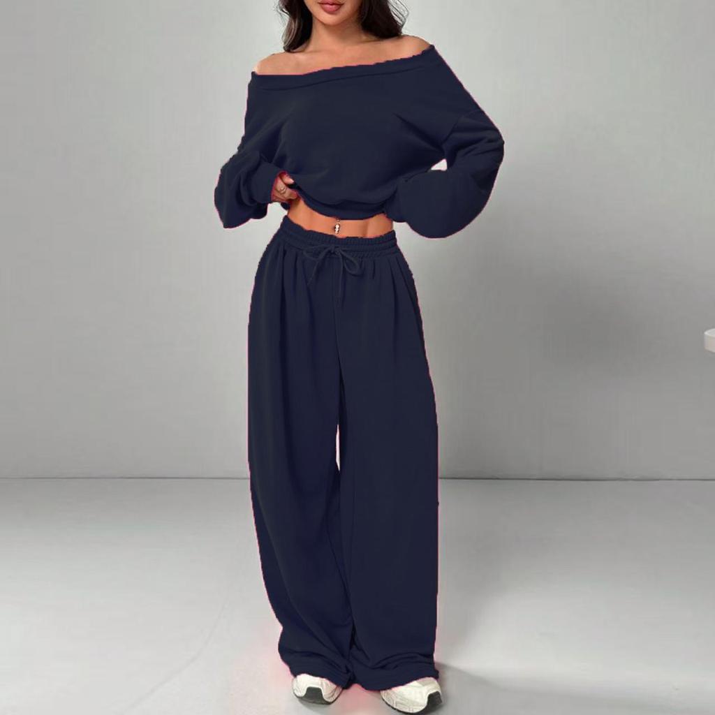 Women's Slim Fit One-Shoulder Crop Top and Casual Pants Set