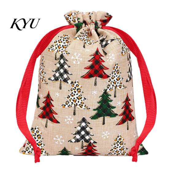 Small Fabric Gift Bags Christmas Tree Print Drawstring Bags, Faux Linen Xmas Treat Bag, Decorative Packaging Reusable Holiday Candy & Apple