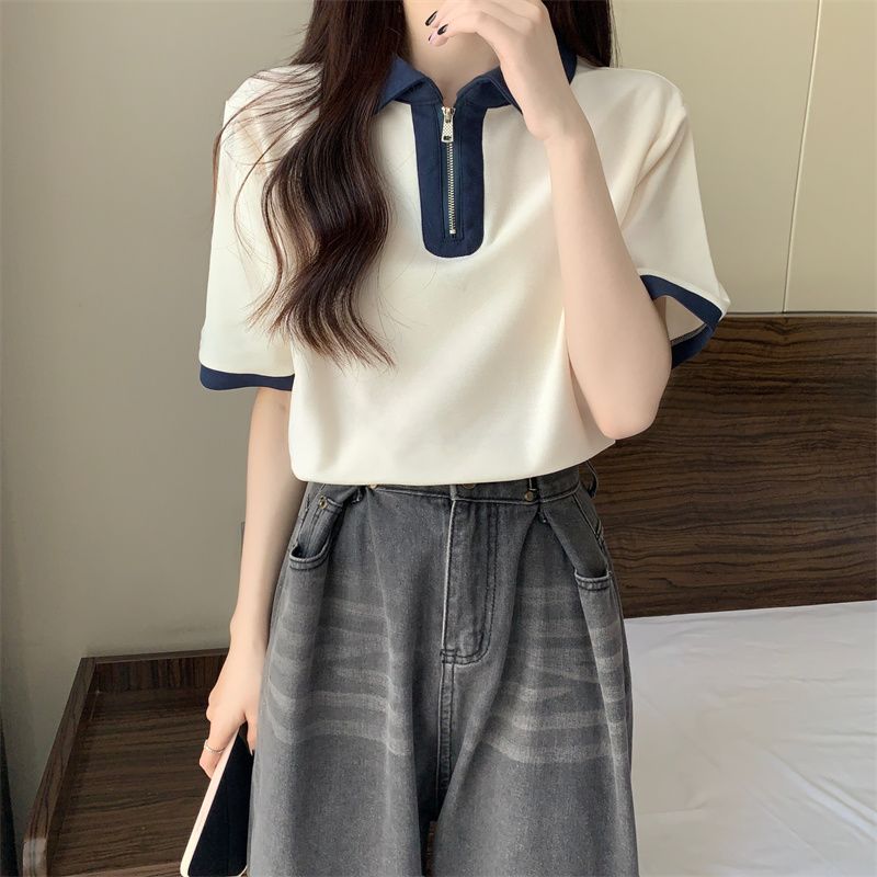 Women's Navy Blue Contrast Collar Half-Zip Polo Shirt Short Sleeve Slim Fit Casual Top