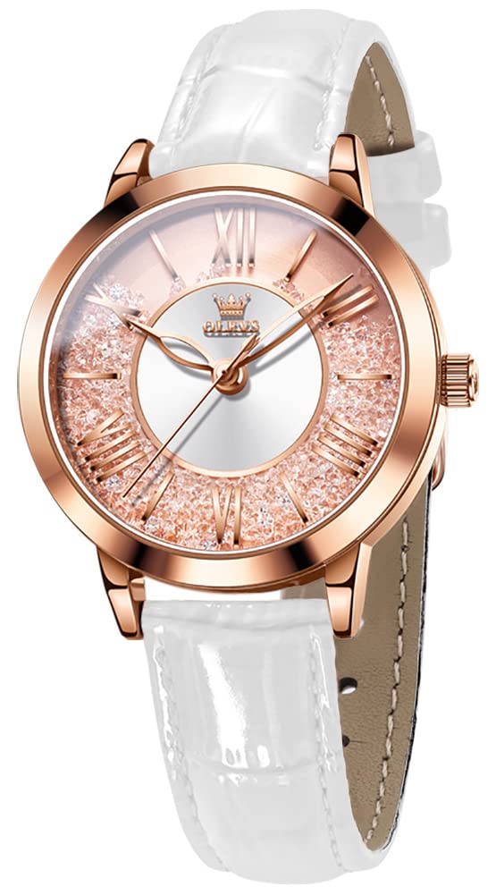 

OLEVS Women s Watch, Popular and Cute, Sparkling Rose Gold Dial with Diamonds, Quicksand Quartz Movement, Waterproof, Luminous, White, Gift