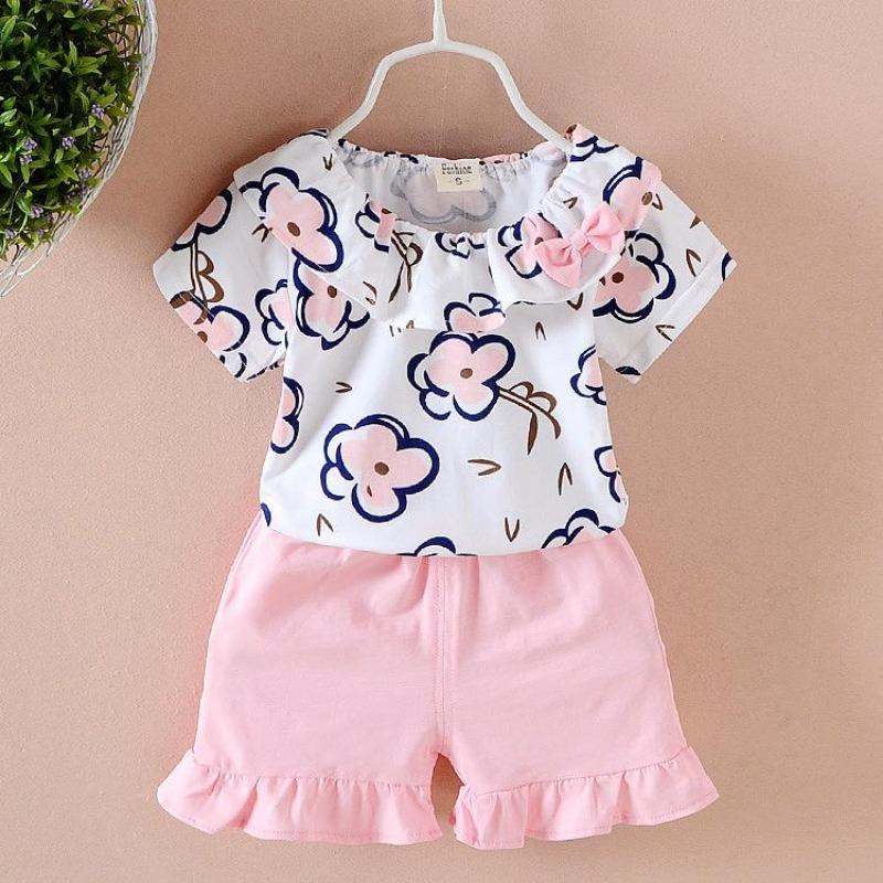 Summer New Girls Short Sleeve Shorts Flowers Two-piece Baby Sweet Suit