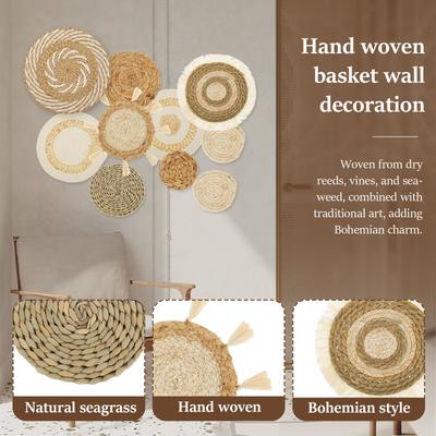 10/9Pcs Boho Wall Hanging Decor Handmade Woven Basket Wall Decor Round Tassels Macrame Tapestry Wall Decor Art for Wall Ornament