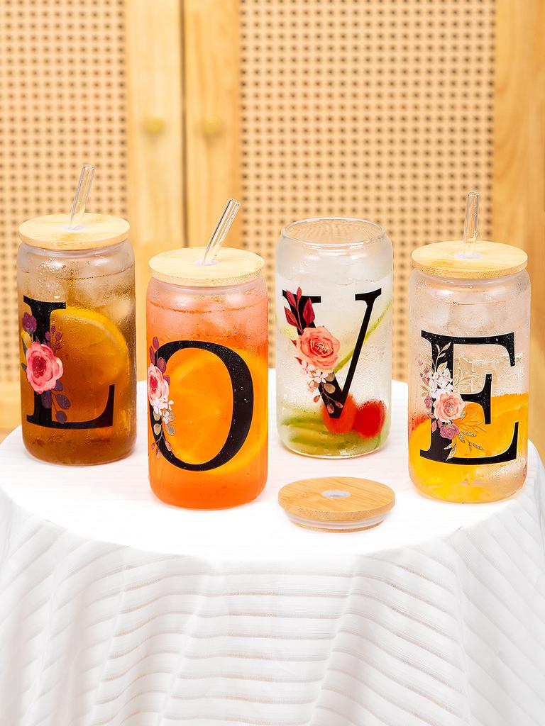 500ml Buchstaben Blume A-Z Kaffeetassen Büro Zuhause 16OZ Glastasse mit Bambusdeckeln & Strohhalm Geburtstags- Valentinstagsgeschenke Tasse Frauen