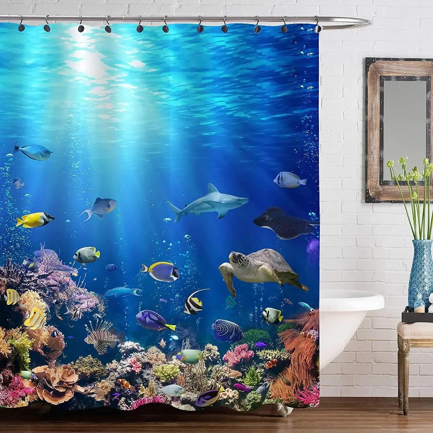 

Tropical Ocean Shower Curtains For Kids Blue Ocean Dolphin Sea Turtle Fish Themed Kids Bathroom Fabric For Bath Curtain Decor W60H190(CM)-1 Pcs