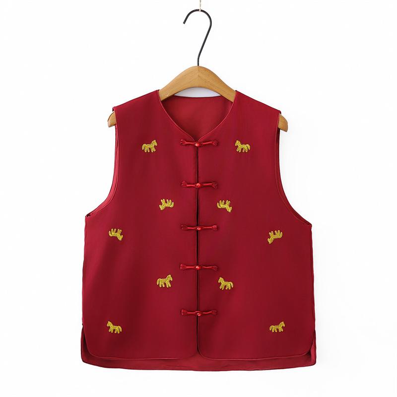 

2026 Spring Plus Size Women s Embroidered Horse Vest - Chinese Style Gilet Cardigan Top 6602 4XL вина червоного кольору