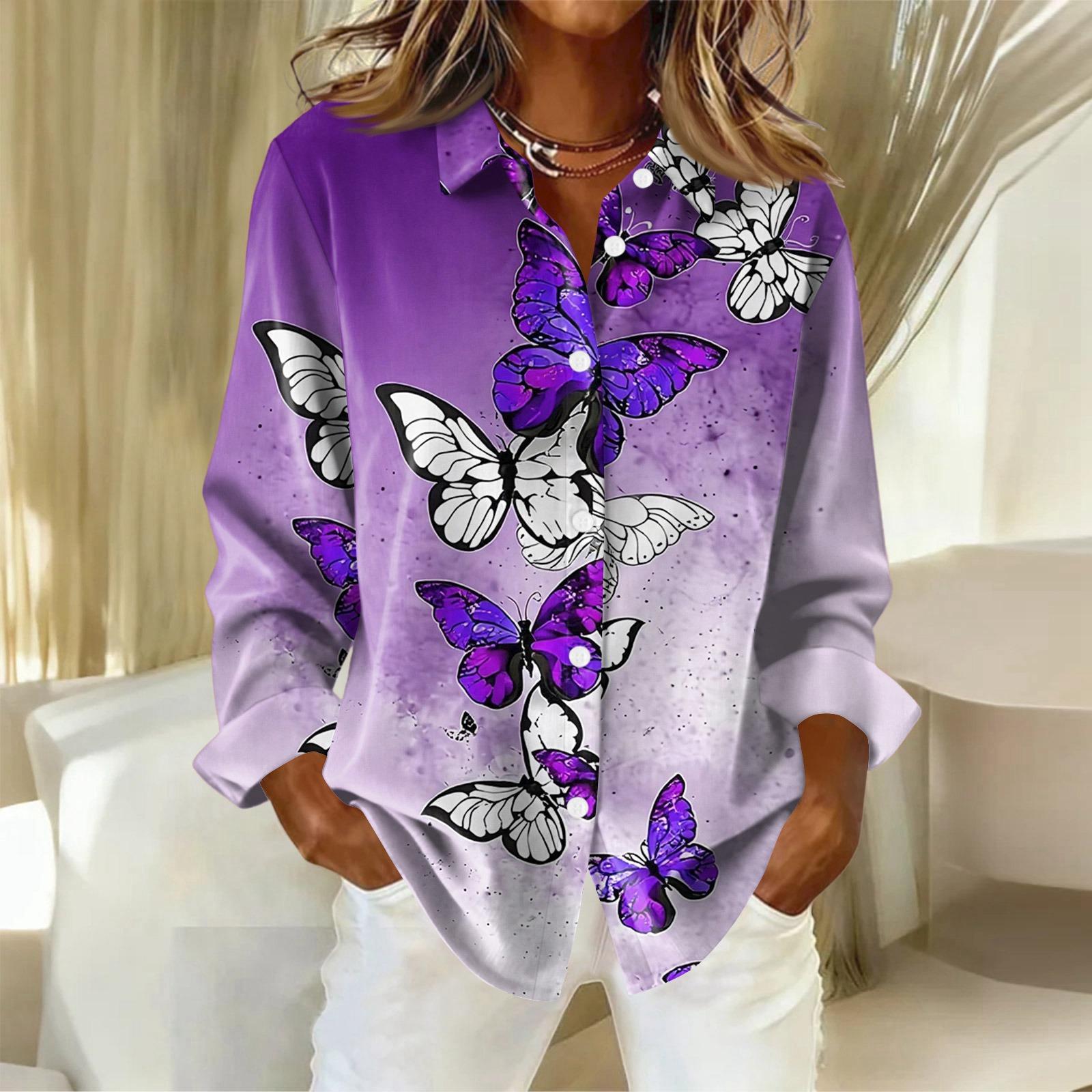 

Жіноча сорочка з ґудзиками з квітковим принтом, повсякденна сорочка з довгим рукавом звичайного крою, блузки, повсякденні базові топи великих розмірів L фіолетовий