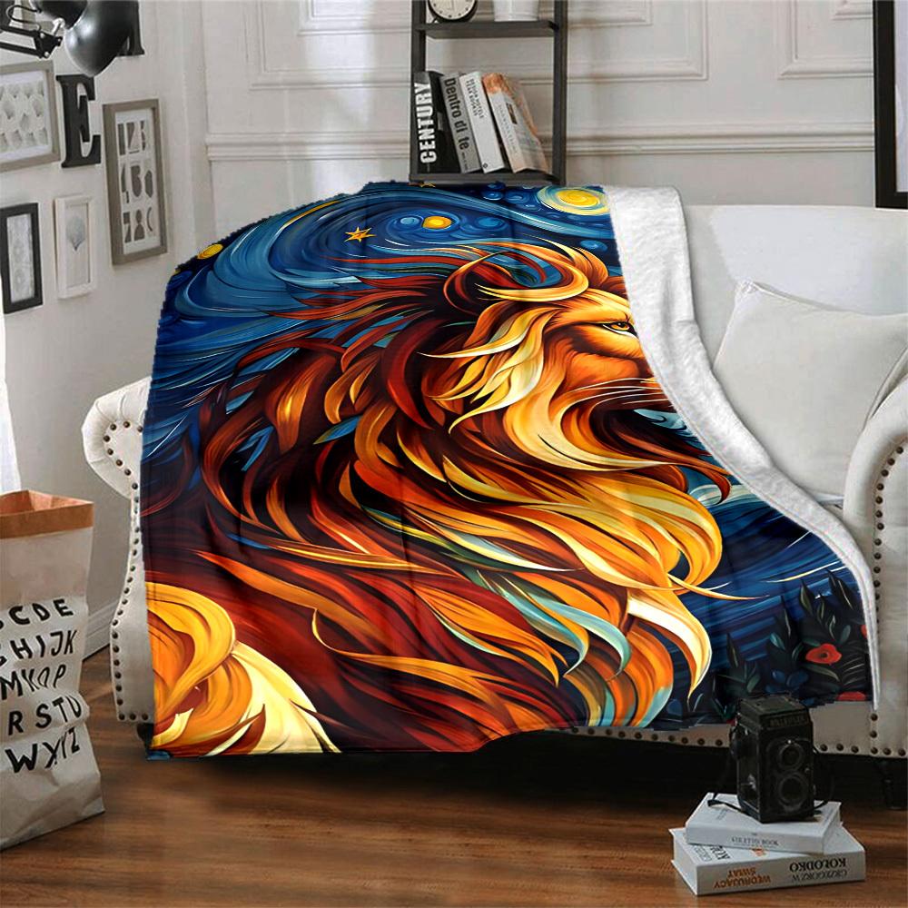 1pc Lion Art Print Blanket - Lightweight Flannel Fleece with Digital Printing, Soft Warm for Sofa, Travel, Camping, Office yy251018325