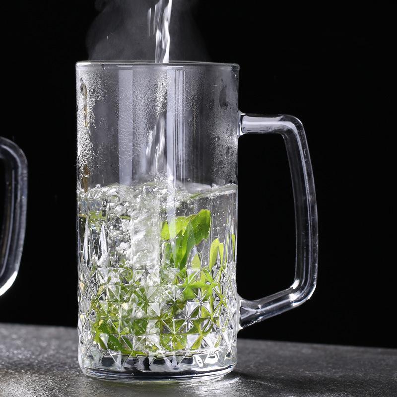 550ml Transparent Beer Cup Bar Craft Beer Glass Creative Drinkware Diamond Carved Wine Glass Thick Bottomed Tea Mug with Handle