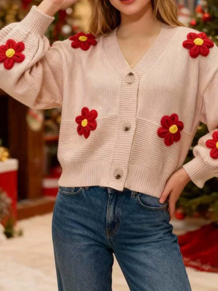 2026 Korean Style Embroidered Cardigan - Cute Button Knit Sweater
