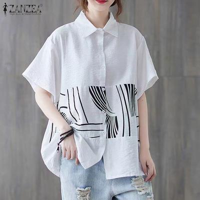 Blusa Feminina de Verão com Gola Dobrável, Manga Curta e Estampada