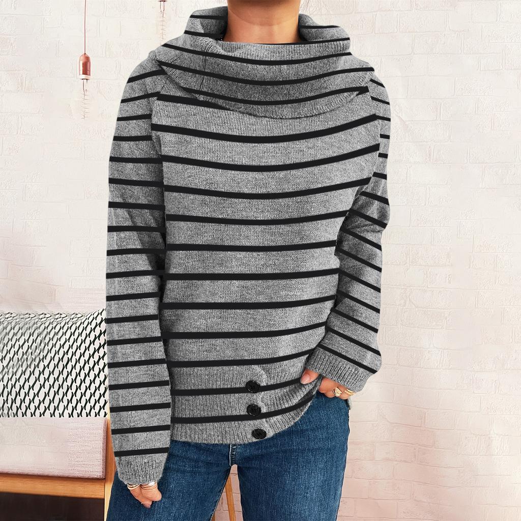 Women's Fashion Casual Solid Color Versatile Retro Commuting High Collar Slim Pullover Striped Long Sleeve Knit Sweater