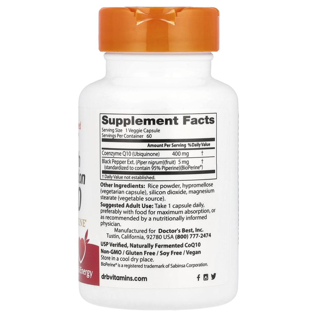 Doctor'S Best, High Absorption Coq10 with Bioperine, 400Mg, 60 Veggie Caps