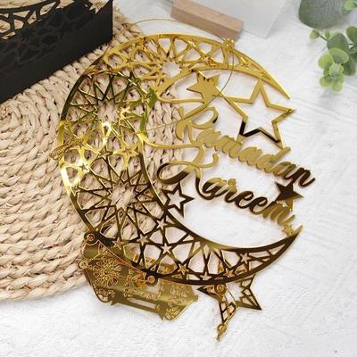 Acrylic Eid Mubarak Wall Pendant Golden Mirror Ramadan Kareem Door Sign Hanging Decoration Moon Star Drop Ornaments
